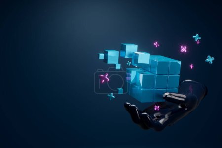 Photo for 3d render. Blockchain cubes in the metaverse. The hand creates connections - Royalty Free Image