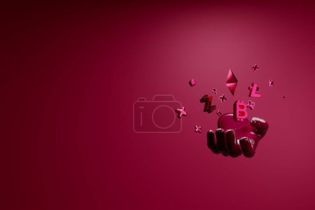 Photo for Viva Magenta hand holding a set of cryptocurrency. Bitcoin, ethereum. 3d render - Royalty Free Image