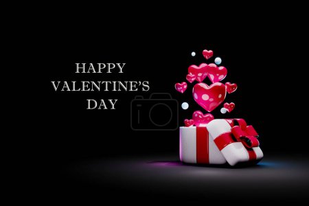 Foto de 3d render. Día de San Valentín. Los corazones rojos vuelan de una caja blanca con una cinta roja. Fondo negro - Imagen libre de derechos