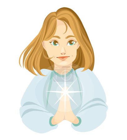 Illustration for Female character raising hands as symbol of mental well-being, emotional balance, stability. Mental health concept. Psychological balance and harmony. Hands that radiate a light. Vector illustration - Royalty Free Image