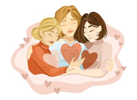 Illustration for Three women in a tight embrace symbolizing unity, support, and mental health solidarity. Illustration that representing communal support and mental wellness. Mental health concept. Vector illustration - Royalty Free Image