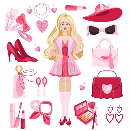 Pink Barbiecore set. Pink trendy set, pink doll aesthetic accessories and clothing. High-heels, bags, earrings, glasses, hair accessories. Hand drawn set. Vector illustration