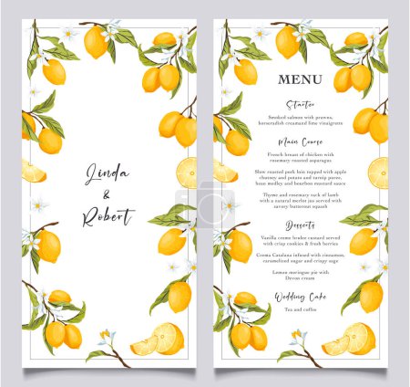 Lemon citrus menu card template. Summer wedding food selection card. Italian wedding menu. Summer dinner, citrus bridal shower menu. Capri bridal menu. Vector Illustration.