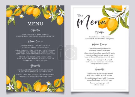 Lemon citrus menu card template. Summer wedding food selection card. Italian wedding menu. Summer dinner, citrus bridal shower menu. Capri bridal menu. Vector Illustration.