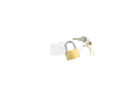 Photo for Little golden lock with keys isolated on white background - Royalty Free Image