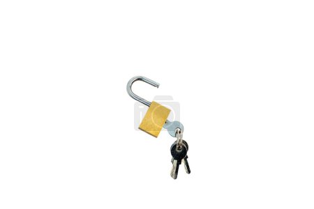 Photo for Opened padlock and keys isolated on white background - Royalty Free Image