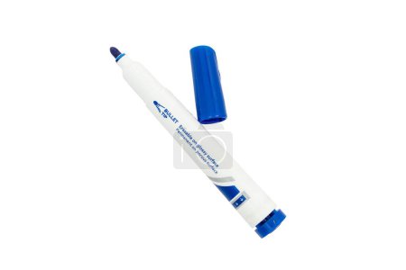 Photo for Erasable blue marker with cap on white board - Royalty Free Image