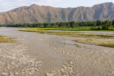 Téléchargez les photos : Inondation dans la rivière le long des rizières - en image libre de droit
