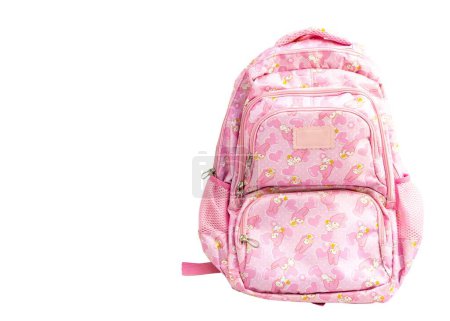 Photo for Comfortable pink barbie theme school backpack for girls with beautiful patterns and design on white isolated background with copy space - Royalty Free Image