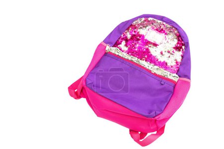 Photo for Pink school backpack isolated on white background with blank space for text - Royalty Free Image