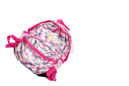 Photo for Pink school bag on a white isolated background with copy space. - Royalty Free Image