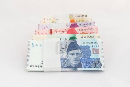 Pakete mit pakistanischen Banknoten auf weißem Hintergrund