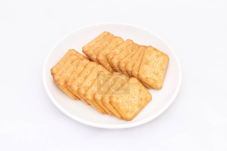 Delicious crackers with salt in plate on white background