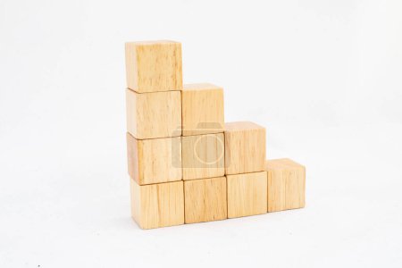 Wooden blank blocks stairs isolated on white background. Side view with empty space for texts and numbers.