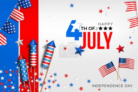 Illustration for 4th of july usa independence day celebration banner design with american flag and rocket fireworks - Royalty Free Image