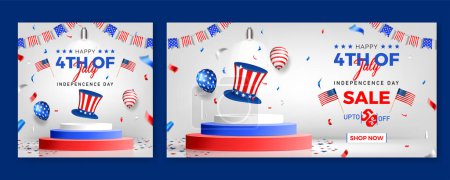 4. Juli Verkauf Bannerdesign mit Bühne, amerikanischem Hut, Luftballons und Fahne auf weißem Hintergrund