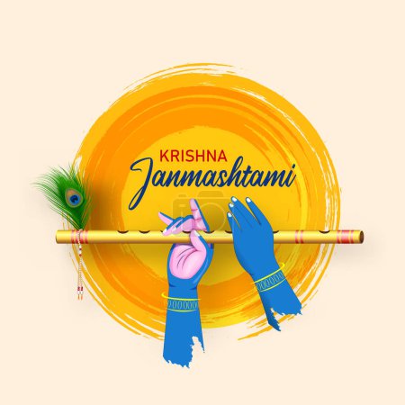 Ilustración de Feliz krishna janmashtami diseño de banner creativo con mano de krishna y bansuri - Imagen libre de derechos