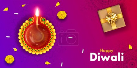 Illustration for Happy diwali banner design with diya and gift box illustration for banner poster header - Royalty Free Image