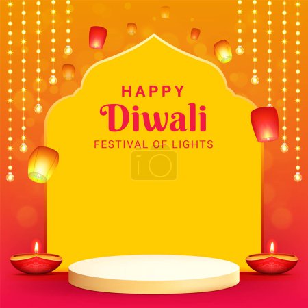 Illustration for Happy diwali festival sale podium design with decorative frame and pink light effect background - Royalty Free Image