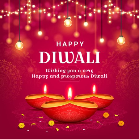 happy diwali festival wishes square banner with diya lamp and light bokeh background