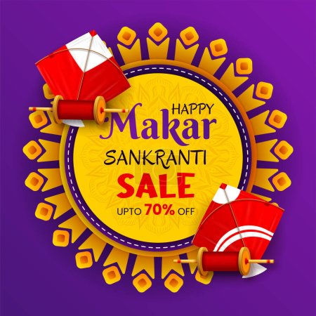Illustration for Happy makar sankranti sale banner template design with kites illustration - Royalty Free Image