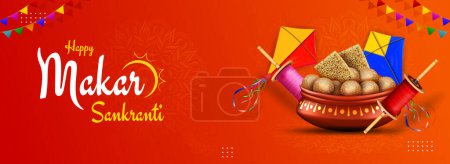 Illustration for Happy makar sankranti festival web banner illustration with kites and sweets - Royalty Free Image