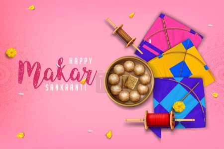 Illustration for Makar sankranti festival background illustration with kite, latai and sweets - Royalty Free Image