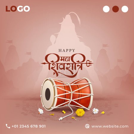 illustration créative de damru avec lord shiva, maha shivratri fête religieuse indienne bannière médias sociaux post modèle avec effet de texte calligraphie