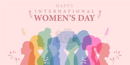 Ilustración de Feliz día internacional de las mujeres diseño de la bandera Mujeres de diferentes etnias de pie juntos - Imagen libre de derechos