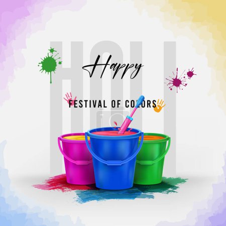 feliz festival Holi creativo medios sociales post ilustración con cubo de color líquido holi y salpicadura de color