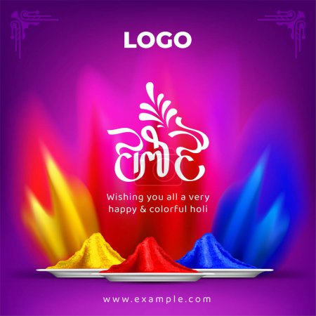 glücklich bunt holi festival kreative quadratische banner design mit illustration von gulal color blast und gulal auf weißem teller