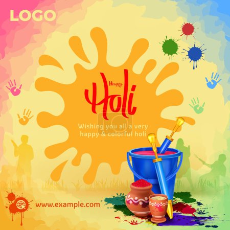 Kreative Illustration von Holi-Festival-Elementen auf Aquarell-Hintergrund mit Gulal-Topf, Pichkari, Farbspritzer geeignet für Social-Media-Post, glückliche Holi-Text-Kalligrafie