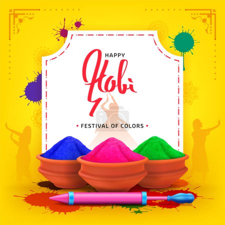 Holi festival ilustración con salpicadura de líquido colorido, gulal en olla de arcilla y watergun, pichkari sobre fondo amarillo creativo plantilla de post medios sociales