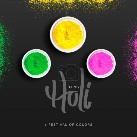 glücklich Holi indisches Fest der Farben kreative Anzeigen Bannerdesign mit lebendigen Gulal Farben Puder in Schüssel auf schwarzem Hintergrund Ansicht von oben