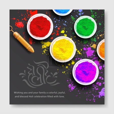 holi festival creative social media post template design concept bouls of gulal powder on black and colorful abir spread background