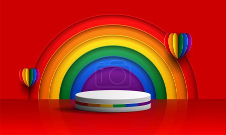 concepto de banner de mes de orgullo con corazón de arco iris 3d y decoración de pared con podio. Fondo de banner de promoción LGBTQ