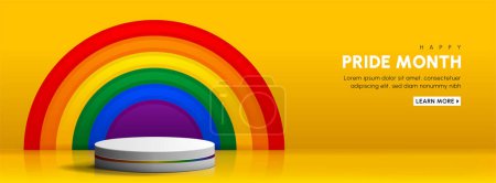 pride month celebration web banner header design, lgbtq, gay rights social media cover banner design with decoration stage podium rainbow colored wall