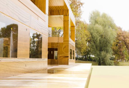Téléchargez les photos : Maison rustique moderne en bois au milieu d'une villa à la campagne. Design extérieur et architecture. Illustration 3d - en image libre de droit