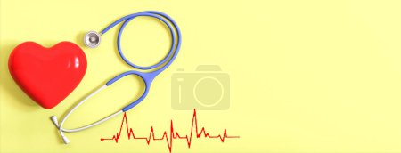 Téléchargez les photos : Heart and stethoscope on a yellow background with heart lines. Concept of healthcare, diagnosis, health care, treatment, etc. For banners, advertising. Top view and copy space. 3d rendering - en image libre de droit