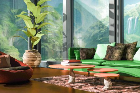 Téléchargez les photos : Salon de style jungle écologique intérieur de différentes nuances de meubles verts et marron et de meubles naturalistes. Design et décoration intérieure. Rendu 3d - en image libre de droit