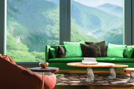 Téléchargez les photos : Salon de style éco-jungle intérieur avec canapés, tapis et table dans un design naturaliste. Design et décoration intérieure. Rendu 3d - en image libre de droit