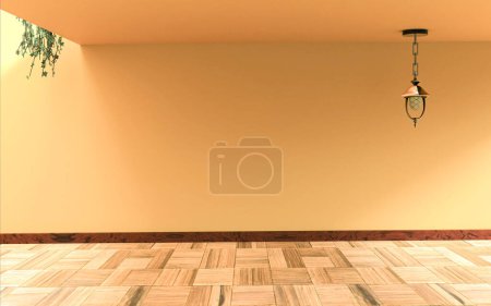 Téléchargez les photos : Intérieur vide du couloir avec mur brun clair et motif carré de plancher en bois, plafonnier, lumière du soleil et espace de copie. Contexte pour l'exposition de produits pour la maison. Design d'intérieur et décoration. rendu 3D. - en image libre de droit