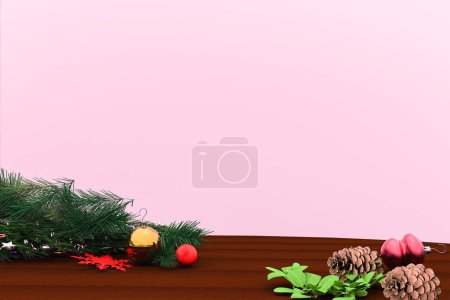 Photo for Christmas decorative background with wood platform with christmas articles, spheres, branches and leafs on a pale pink background and copy space. 3d render. - Royalty Free Image