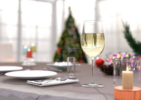 Photo for Dining table for the Christmas party with glass of white wine in foreground and defocused background. 3d render. - Royalty Free Image