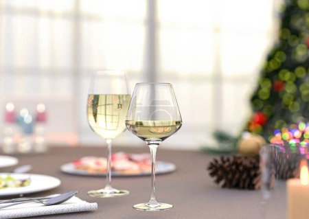 Photo for Dining table ready for the Christmas party with two glasses of white wine in foreground and dining room defocused background. Holiday season. 3d render. - Royalty Free Image