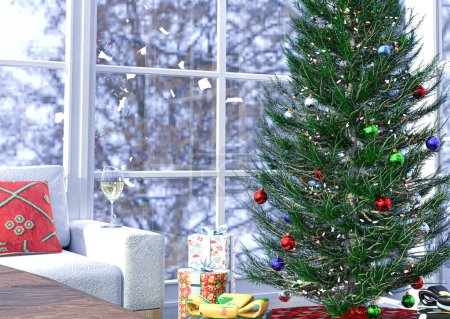 Photo for Christmas living room with Christmas tree, gifts and a glass of white wine on the sofa and view through the windows to the snowy landscape. Christmas parties. 3d Render. - Royalty Free Image