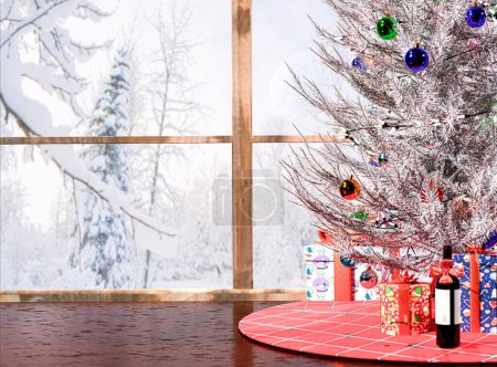 Téléchargez les photos : Arbre de Noël avec branches blanches avec cadeaux de Noël à côté de la fenêtre avec vue sur le paysage enneigé avec espace de copie. Fêtes de Noël. Expéditeur 3D. - en image libre de droit