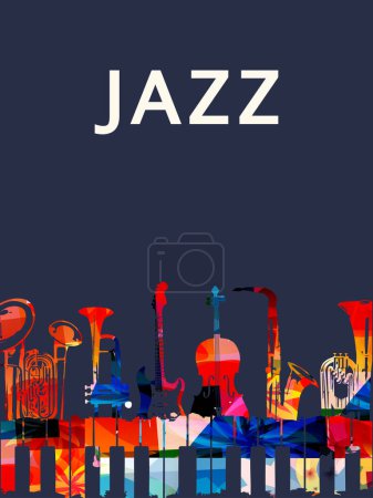 Colorful musical instruments bundle on dark background. Vector illustration. Instruments collection poster for live concert events. Jazz music festivals and shows banner. Performances, party flyer