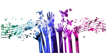 Musical background with musical notes staff and hands in purple shades. Vector illustration design. Music festivals and shows poster, live concert events, party flyer, musical notes signs and symbols