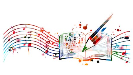 Colorful music writing notebook with musical stave and notes isolated. Vibrant musical staff notebook, guide for songwriters, musicians and composers. Lessons and tips for instrumentalists.